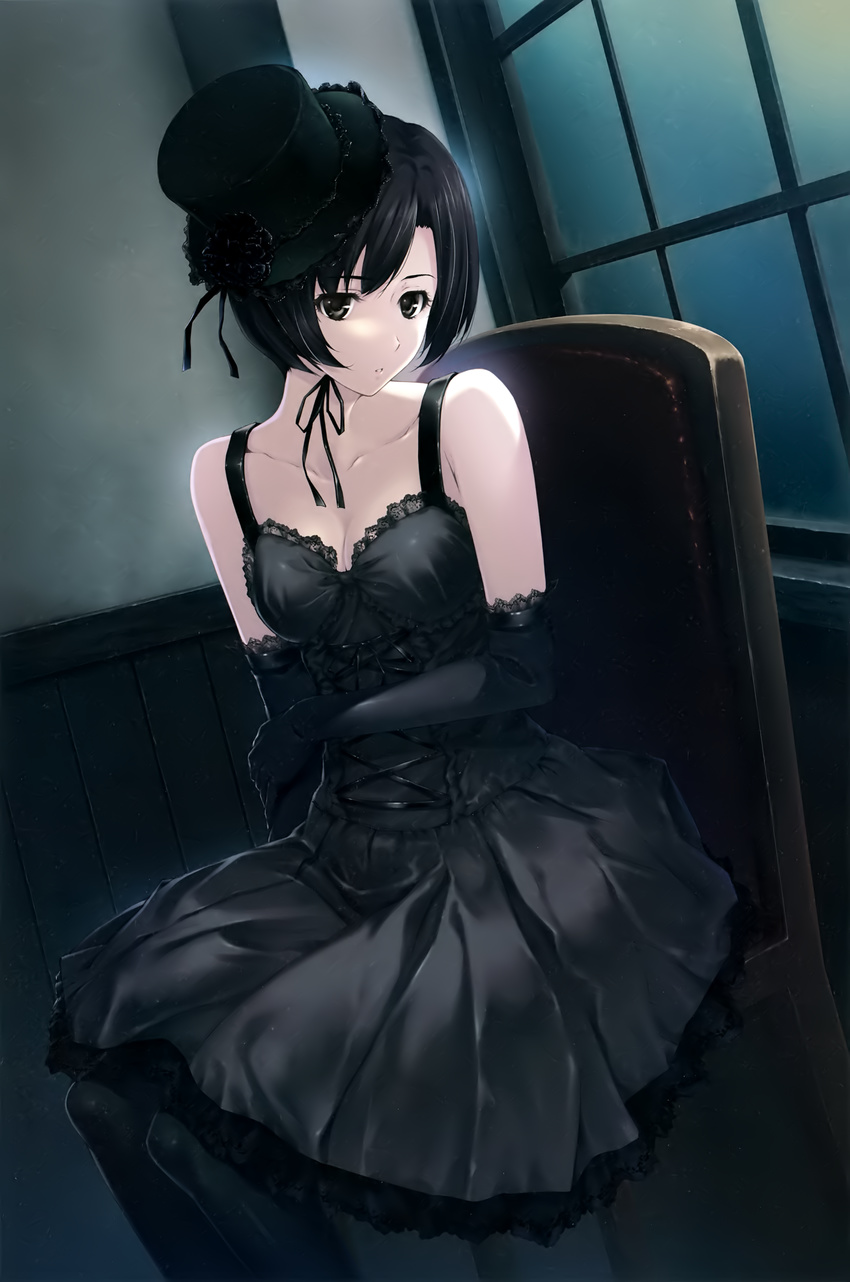 absurdres bare_shoulders black_eyes black_gloves black_hair black_legwear breasts cleavage dress elbow_gloves flower gloves gothic gothic_lolita hat highres innocent_grey kara_no_shoujo lace lace-trimmed_dress lace-trimmed_gloves lolita_fashion medium_breasts mini_hat mini_top_hat pantyhose ribbon short_hair sitting skirt solo sugina_miki tokisaka_yukari top_hat