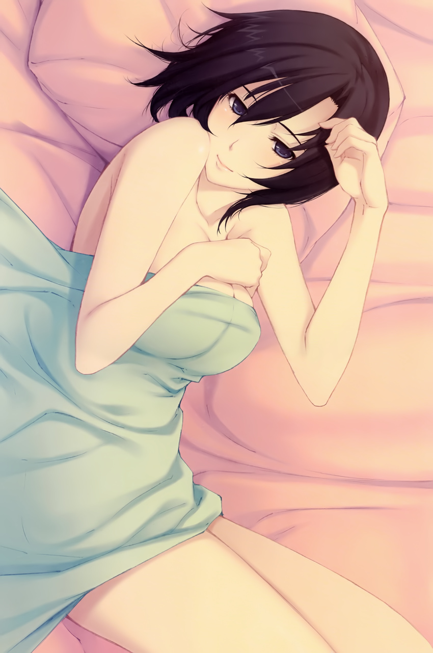 absurdres bare_shoulders black_hair blanket blue_eyes breast_hold breasts caucasus cleavage cowboy_shot highres kirihara_souko large_breasts lips lying pillow short_hair solo sugina_miki