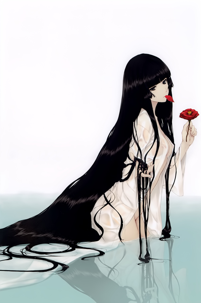 absurdly_long_hair absurdres bangs between_fingers black_eyes black_hair blunt_bangs breasts camellia flower from_side grey_eyes hair_flowing_over head_tilt highres hime_cut holding holding_flower long_hair long_sleeves mole mole_under_eye mouth_hold naked_robe open_clothes original outstretched_hand petals red_flower reflection see-through small_breasts solo sugina_miki very_long_hair wading water wet wet_clothes wet_hair