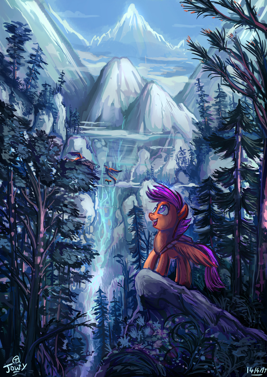 2017 day detailed_background equine female feral friendship_is_magic fur hair jowybean mammal my_little_pony open_mouth orange_fur outside pegasus purple_eyes purple_hair rock scootaloo_(mlp) sky smile standing teeth tree wings