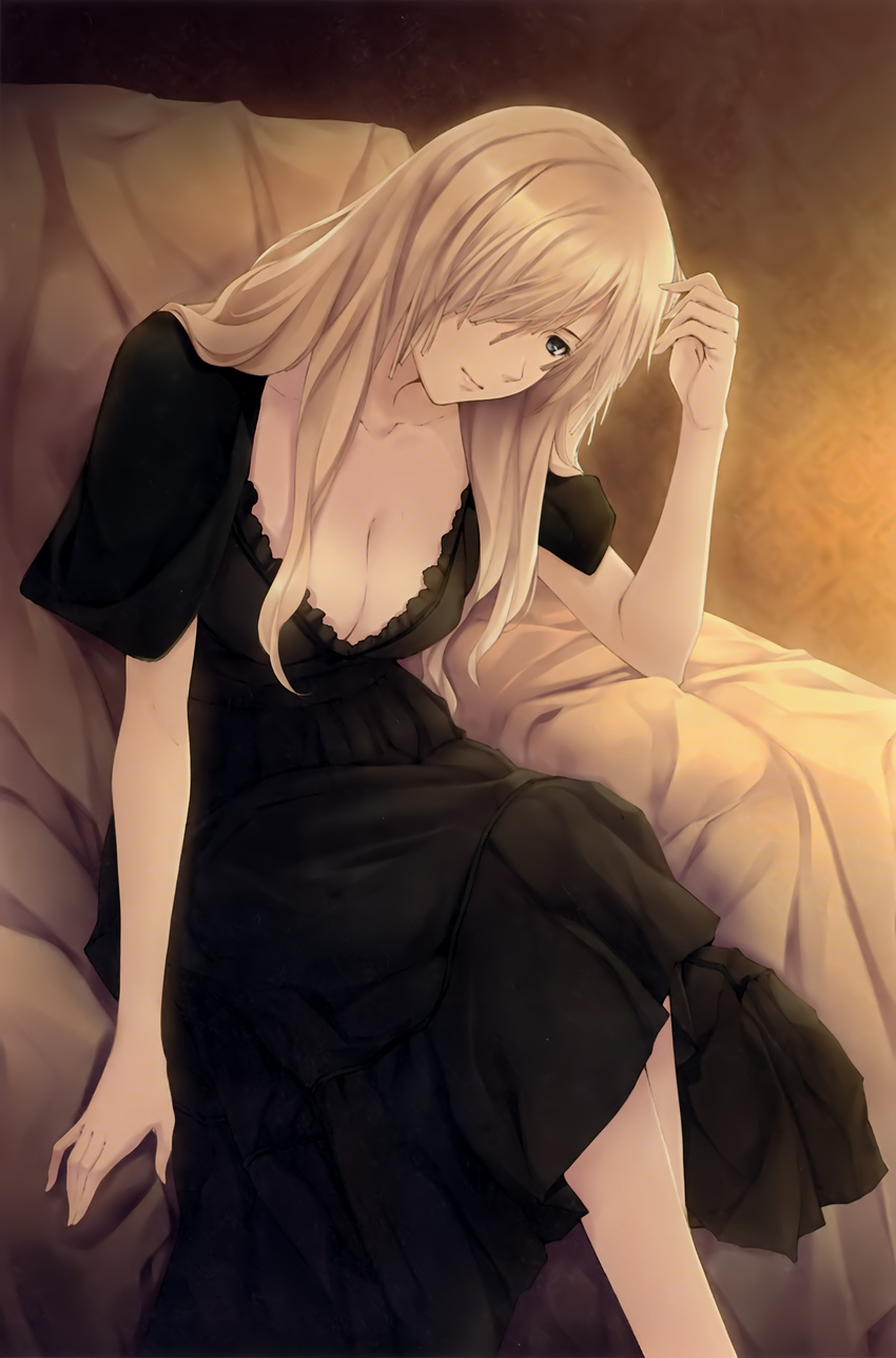 absurdres black_dress blonde_hair breasts cleavage dress frills grey_eyes hair_over_one_eye highres large_breasts lips long_hair pp:_pianissimo sitting solo souma_aoi sugina_miki