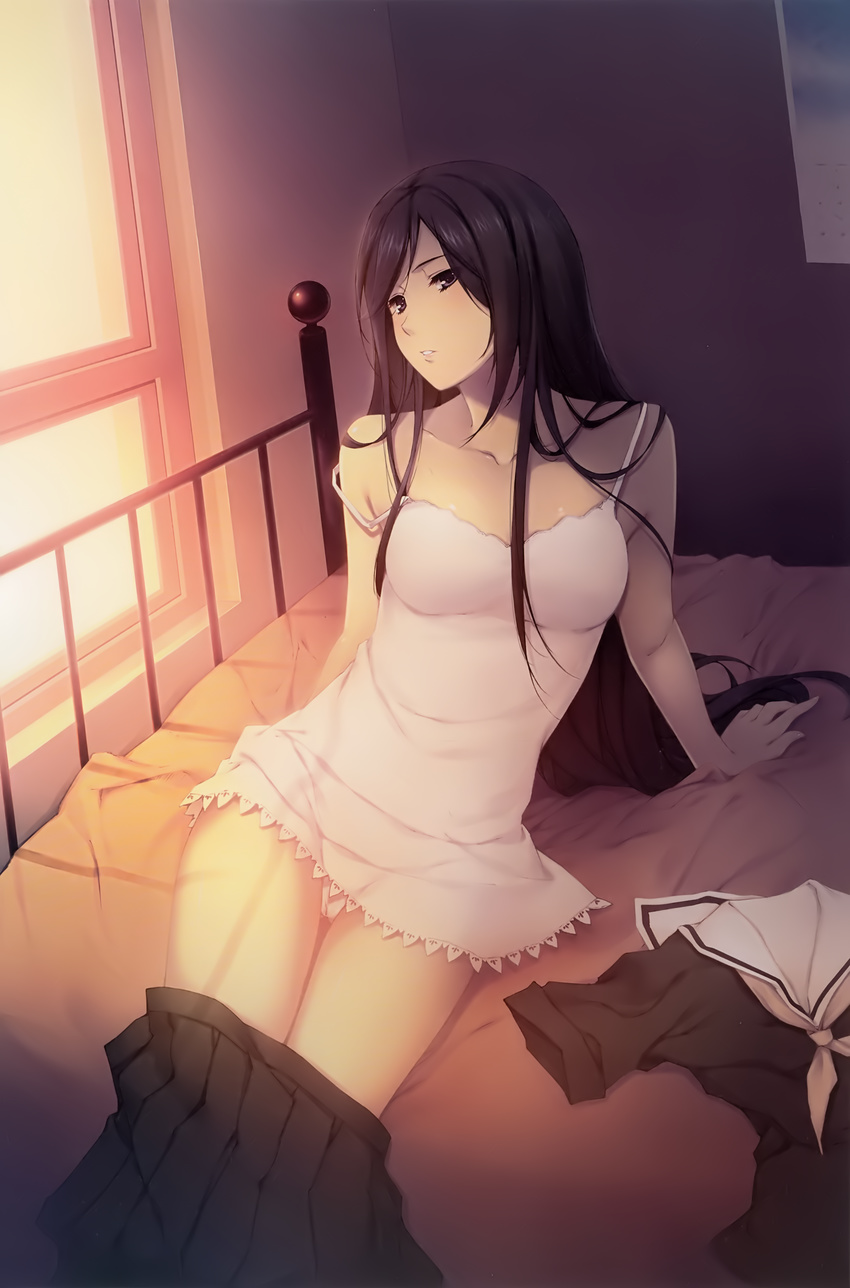 absurdres bed bed_sheet black_hair breasts character_request copyright_request cowboy_shot grey_eyes highres leaning_back lingerie long_hair medium_breasts neckerchief parted_lips pleated_skirt sailor_collar school_uniform serafuku skirt solo strap_slip sugina_miki underwear very_long_hair window