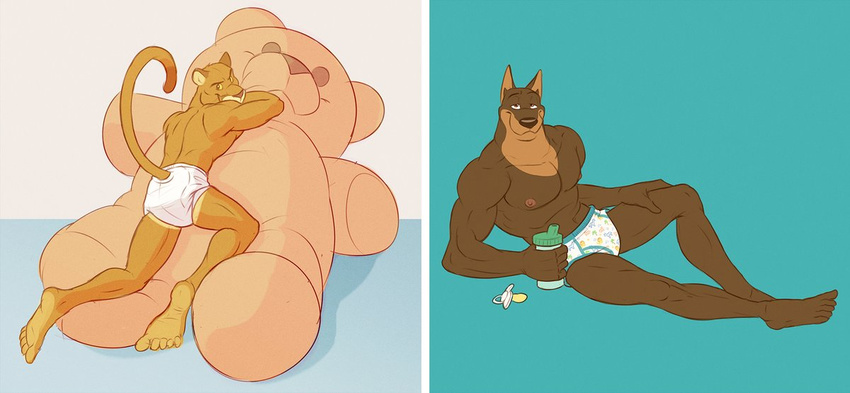 anthro bottomless canine clothed clothing colt3n diaper doberman dog feline furgonomics infantilism looking_at_viewer male mammal multiple_images muscular muscular_male nipples panther pinup pose smile teddy_bear topless