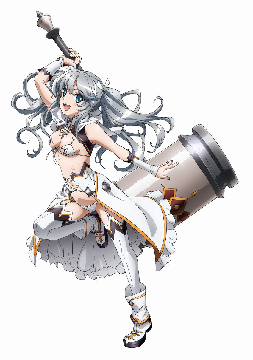 :d absurdres arm_up armor artist_request bikini_armor bikini_warriors boots breasts cleric_(bikini_warriors) from_side full_body hammer highres holding holding_weapon huge_weapon jewelry leg_up light_blue_eyes looking_at_viewer official_art open_mouth outstretched_arm silver_hair simple_background small_breasts smile solo thighhighs twintails weapon white_background