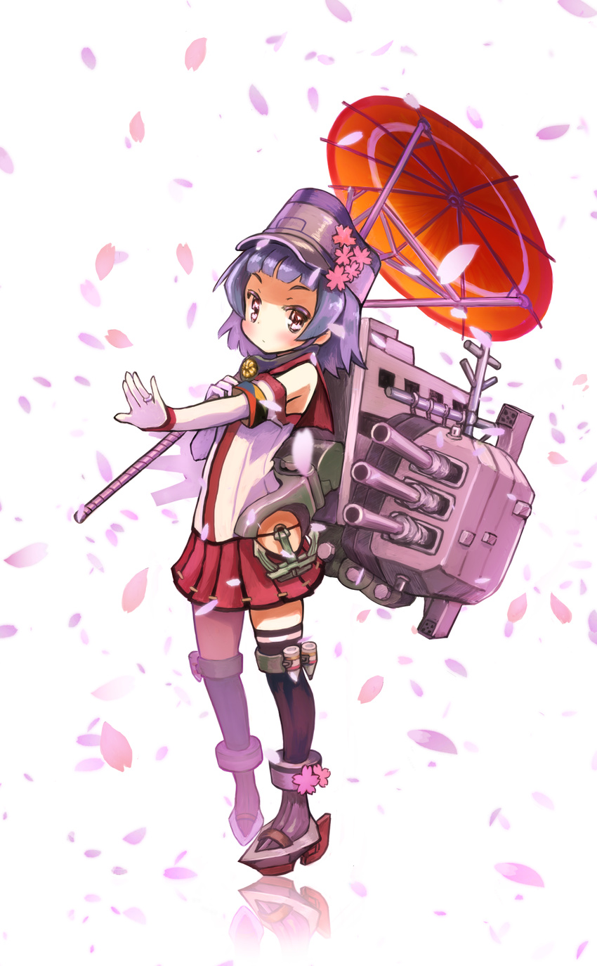 anchor arare_(kantai_collection) asymmetrical_legwear bare_shoulders black_hair black_legwear blush brown_eyes cherry_blossoms cosplay flower gloves hat highres jewelry kantai_collection karashi_(tou_gara_shi) looking_at_viewer oriental_umbrella petals pleated_skirt red_skirt red_umbrella reflection ring short_hair skirt solo umbrella yamato_(kantai_collection) yamato_(kantai_collection)_(cosplay)