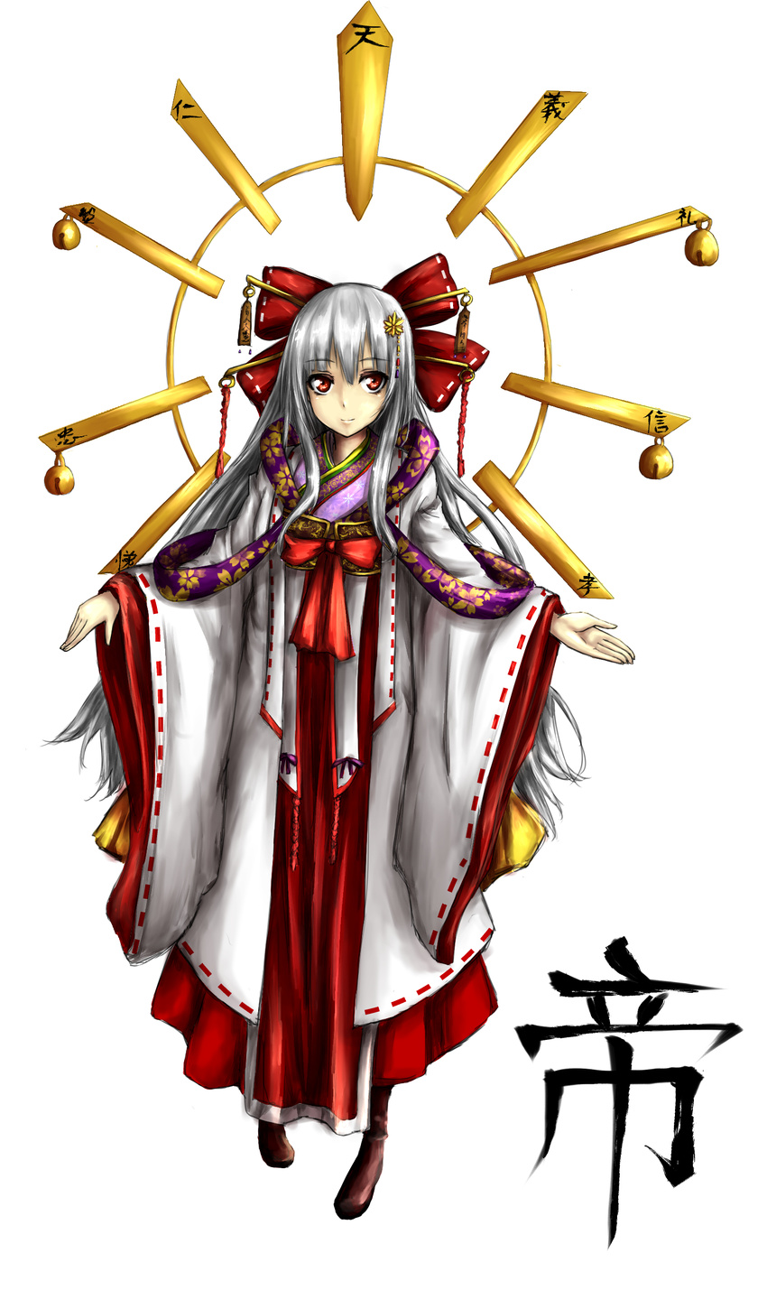 absurdres alternate_costume alternate_hair_color alternate_hair_length alternate_hairstyle amagi_(amagi626) bangs boots bow brown_footwear floral_print full_body hair_bow hair_ornament hair_stick hakurei_reimu hand_up highres japanese_clothes long_hair looking_at_viewer red_eyes ribbon-trimmed_clothes ribbon_trim shiny shiny_hair silver_hair simple_background smile solo touhou translation_request very_long_hair white_background