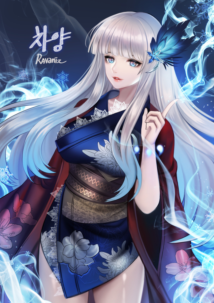 artist_name bangs blade_&amp;_soul blue_eyes breasts character_request feathers hair_feathers highres index_finger_raised japanese_clothes kimono large_breasts long_hair magic parted_lips ravaniz short_kimono silver_hair smile smoke snowflakes solo very_long_hair wide_sleeves