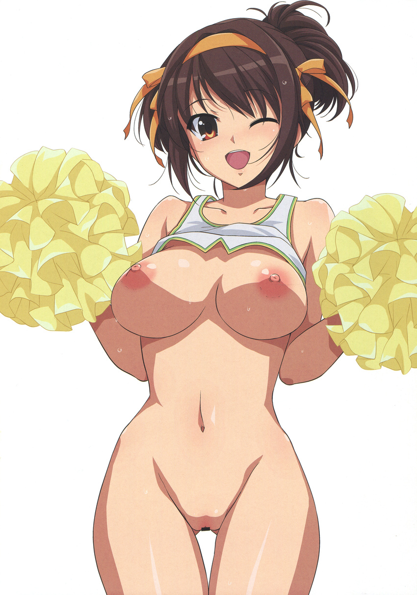 ;d absurdres alternate_costume areolae bar_censor bare_arms bare_shoulders bleed_through blush bottomless breasts breasts_outside brown_eyes brown_hair censored collarbone cowboy_shot crop_top eyebrows eyebrows_visible_through_hair hairband haruhisky highres holding looking_at_viewer medium_breasts navel nipples one_eye_closed open_mouth orange_hairband pom_pom_(clothes) pom_poms pussy round_teeth scan scan_artifacts short_hair simple_background sleeveless smile solo standing stomach suzumiya_haruhi suzumiya_haruhi_no_yuuutsu sweatdrop teeth thigh_gap white_background