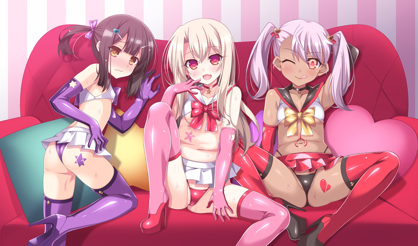 :d ;q ass bare_shoulders black_hair blonde_hair blush breasts brown_eyes chloe_von_einzbern choker commentary_request couch dark_skin elbow_gloves fate/kaleid_liner_prisma_illya fate_(series) gloves heart heart-shaped_pupils high_heels illyasviel_von_einzbern long_hair looking_at_viewer microskirt miyu_edelfelt multiple_girls navel one_eye_closed open_mouth panties pillow pink_hair ponytail red_eyes revealing_clothes ribbon short_hair silver_hair sitting skirt small_breasts smile soukai_(lemonmaiden) spread_legs stomach symbol-shaped_pupils take_your_pick tattoo thighhighs tongue tongue_out twintails underwear wavy_mouth white_hair white_skin