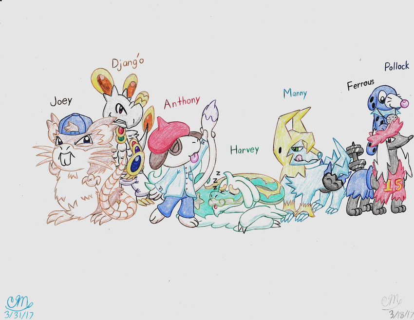 2017 anthro barbell blue_eyes canine clothed clothing dog dragon drampa duck_hunt_dog_(artist) everstone eyes_closed fan_character furfrou green_eyes hakamo-o hat looking_at_viewer male mammal manectric marine nintendo open_mouth paint pink_eyes pinniped pok&eacute;mon poodle popplio rat raticate red_eyes reptile rodent sagging_pants scalie sea_lion shorts simple_background size_difference sleeping smeargle smile tongue traditional_media_(artwork) video_games