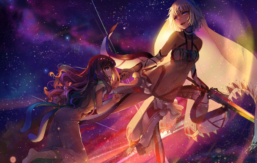 altera_(fate) ass ass_visible_through_thighs barefoot brown_hair collar collarbone dark_skin dress fate/extella fate/extra fate_(series) highres holding_hands kishinami_hakuno_(female) long_hair looking_at_another multiple_girls nail_polish navel photon_ray purple_hair silver_hair sky star_(sky) starry_sky strapless sunga2usagi sword tubetop veil weapon