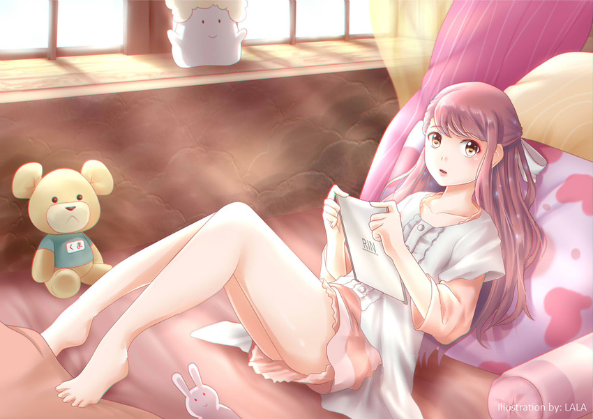 barefoot blush collarbone indoors legs long_hair looking_at_viewer pillow pink_hair redlynx rin_(shelter) shelter_(music_video) solo stuffed_animal stuffed_toy tablet teddy_bear thighs toes window