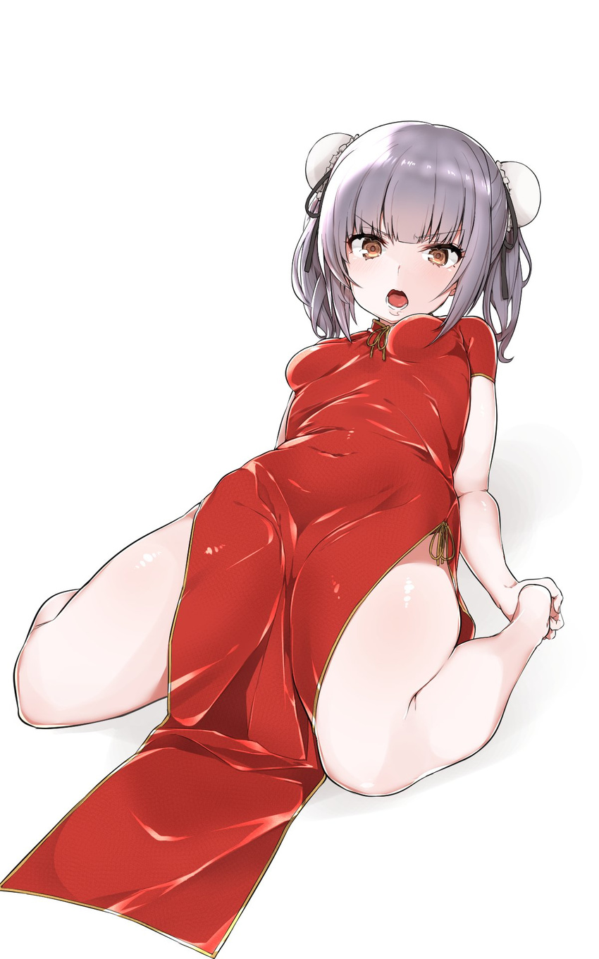 :o bangs bare_legs barefoot breasts brown_eyes bun_cover china_dress chinese_clothes covered_navel double_bun dress eyebrows_visible_through_hair foreshortening full_body hair_ribbon highres kantai_collection kasumi_(kantai_collection) looking_at_viewer lying mitsudoue open_mouth red_dress ribbon side_slit silver_hair simple_background small_breasts solo twintails v-shaped_eyebrows white_background