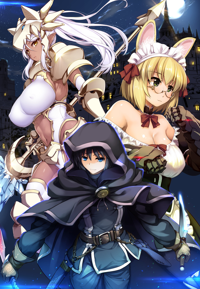 2girls :3 absurdres animal_ears armor bangs bare_shoulders belt bikini_armor black_hair black_pants black_shirt blonde_hair blue_eyes boots bow bowtie breasts brown_gloves cape castle cat_ears choker clenched_hands cloak closed_mouth cloud collarbone commentary_request cover cover_page covered_nipples cowboy_shot cowter dagger dark_elf dark_skin dual_wielding elbow_gloves elf frilled_choker frills full_moon gauntlets glasses gloves gorget greaves green_eyes helmet highres holding holding_weapon hood large_breasts lavender_hair long_hair looking_at_viewer maid_headdress moon moonlight multiple_girls navel night no_bra off-shoulder_shirt original ouma_tokiichi pants parted_lips pauldrons pointy_ears polearm ponytail red_bow red_neckwear scabbard sheath shirt short_hair sky spear star_(sky) starry_sky stomach thigh_boots thighhighs thighhighs_under_boots underbust weapon white_gloves white_hair white_legwear yellow_eyes zettai_ryouiki