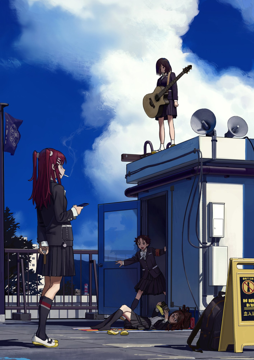 armband black_hair book brown_hair can cigarette cloud coca-cola commentary_request day glasses guitar highres instrument long_hair lying multiple_girls no_shoes no_symbol on_back open_book open_door original reading red_hair rooftop school_uniform shiro_ymko shoes shoes_removed short_hair sky smoking soda_can twintails two_side_up uwabaki