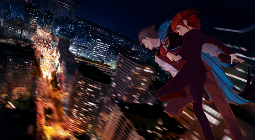 1girl ahoge akai_ronii backlighting black_footwear black_gloves black_pants blue_cape blue_eyes blurry brown_eyes brown_footwear brown_hair building cape city city_lights commentary_request dutch_angle facial_hair fate/grand_order fate/stay_night fate_(series) feather_trim formal from_behind fujimaru_ritsuka_(female) full_body gloves hair_ornament hair_scrunchie highres horizon james_moriarty_(fate/grand_order) leg_up long_sleeves looking_back looking_to_the_side midair motion_blur mustache night night_sky one_side_up orange_hair orange_scrunchie outdoors pants parody profile red_vest scrunchie shoes short_hair sky star striped suit vertical-striped_pants vertical_stripes vest