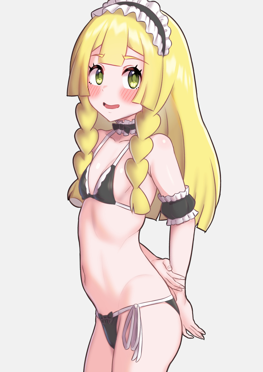1girl :d absurdres alternate_costume arm_garter bikini black_arm_garter black_bikini blonde_hair blush breasts collarbone commentary_request eyelashes green_eyes gupunetsu highres lillie_(pokemon) long_hair maid maid_bikini maid_headdress neck_garter open_mouth pokemon pokemon_sm side-tie_bikini_bottom simple_background smile solo swimsuit unconventional_maid