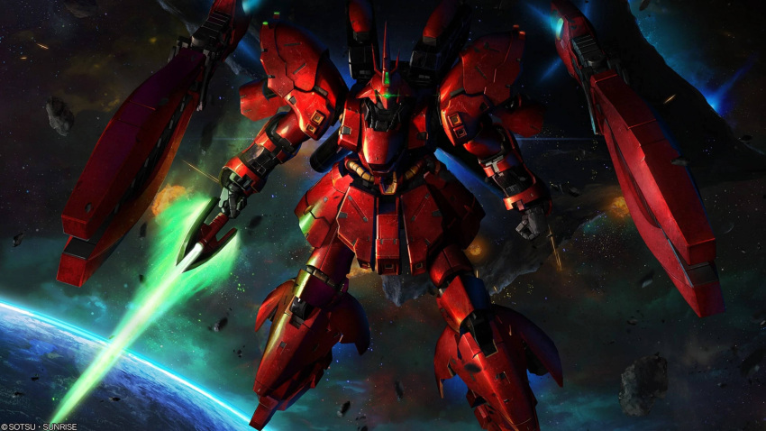 absurdres asteroid beam_cannon cable char's_counterattack company_name copyright_notice derivative_work earth_(planet) energy_sword explosion funnels_(gundam) green_eyes gundam gundam_battle_operation_2 gundam_msv highres holding holding_sword holding_weapon in_orbit lens_flare looking_at_viewer machinery mecha mecha_focus mobile_suit nebula no_humans one-eyed painting_(medium) planet realistic robot sazabi sazabi_(msn-04ff) scan science_fiction solo space sunrise_(company) sword tenjin_hidetaka traditional_media weapon