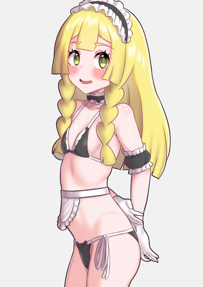 1girl :d absurdres alternate_costume apron arm_garter bikini black_arm_garter black_bikini blonde_hair blush breasts collarbone commentary_request eyelashes gloves green_eyes gupunetsu highres lillie_(pokemon) long_hair maid maid_bikini maid_headdress miniapron neck_garter open_mouth pokemon pokemon_sm side-tie_bikini_bottom simple_background smile solo swimsuit unconventional_maid waist_apron white_gloves
