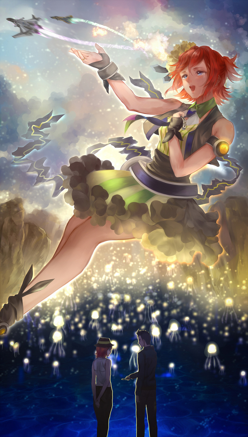 1girl absurdres aerial_battle aircraft arm_strap battle blue_eyes brown_hair cloud cloudy_sky crying dogfight dress dual_persona gauntlets glowing green_dress highres jellyfish jyuui kaname_buccaneer macross macross_delta mecha messer_ihlefeld necktie open_clothes open_vest realistic revision science_fiction sky spoilers striped striped_dress sv-262 tears variable_fighter vest vf-31 vf-31f walkure_(macross_delta)