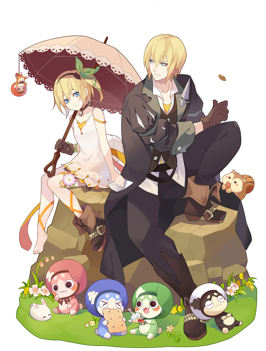 &gt;_&lt; 1girl black_choker black_coat black_hairband black_pants blonde_hair blue_eyes boots bow brother_and_sister brown_footwear brown_gloves bunny cherry choker closed_eyes cracker dress eating edna_(tales) eizen_(tales) flower food fruit full_body gloves green_bow green_ribbon hair_bow hair_ribbon hairband highres kllsiren leg_ribbon miniskirt normin_(tales) pants plate ribbon shoes short_hair siblings side_ponytail single_glove single_shoe sitting skirt smile squirrel tales_of_(series) tales_of_berseria tales_of_zestiria tress_ribbon umbrella white_background white_dress