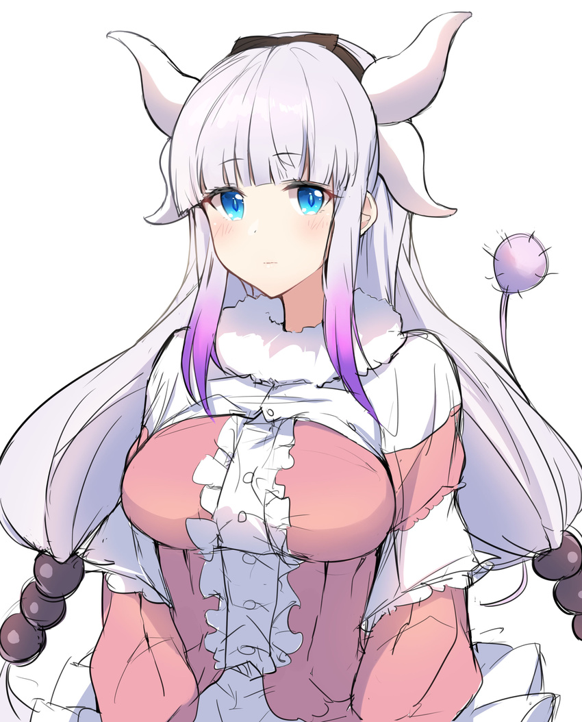 28aarts absurdres bangs beads black_hairband blouse blue_eyes blunt_bangs breasts buttons capelet closed_mouth dragon_horns expressionless eyebrows_visible_through_hair frilled_blouse fur_collar gradient_hair hair_beads hair_ornament hairband highres horns kanna_kamui kobayashi-san_chi_no_maidragon large_breasts lavender_hair long_hair looking_at_viewer multicolored_hair older pink_blouse purple_hair simple_background sketch solo tail upper_body white_background