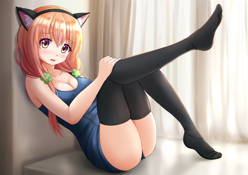 animal_ears bangs black_legwear blush breasts cat_ears cleavage collarbone curtains eyebrows_visible_through_hair fake_animal_ears hair_over_shoulder hairband hand_on_own_knee highres hinako_note kazenokaze knees_up long_hair looking_at_viewer low_twintails medium_breasts nose_blush open_mouth orange_hair sakuragi_hinako school_swimsuit sitting solo swimsuit thighhighs twintails wavy_mouth windowsill
