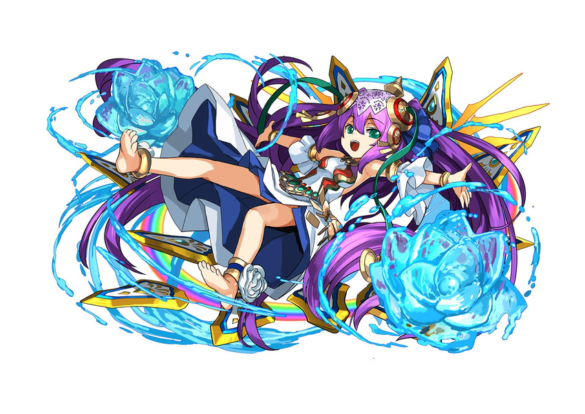 :d adachi_yousuke anklet aqua_eyes bare_shoulders barefoot bracelet detached_sleeves dress_shirt flower full_body highres jewelry lakshmi_(p&amp;d) lotus official_art open_mouth outstretched_arms purple_hair puzzle_&amp;_dragons shirt simple_background smile solo two_side_up white_background
