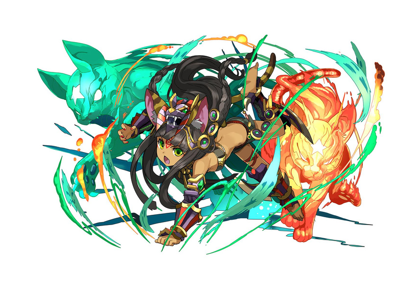 adachi_yousuke animal_ears barefoot bastet_(p&amp;d) black_hair braid cat_ears cat_tail dark_skin fang from_side full_body green_eyes hair_ornament headdress highres official_art open_mouth puzzle_&amp;_dragons solo star tail twin_braids