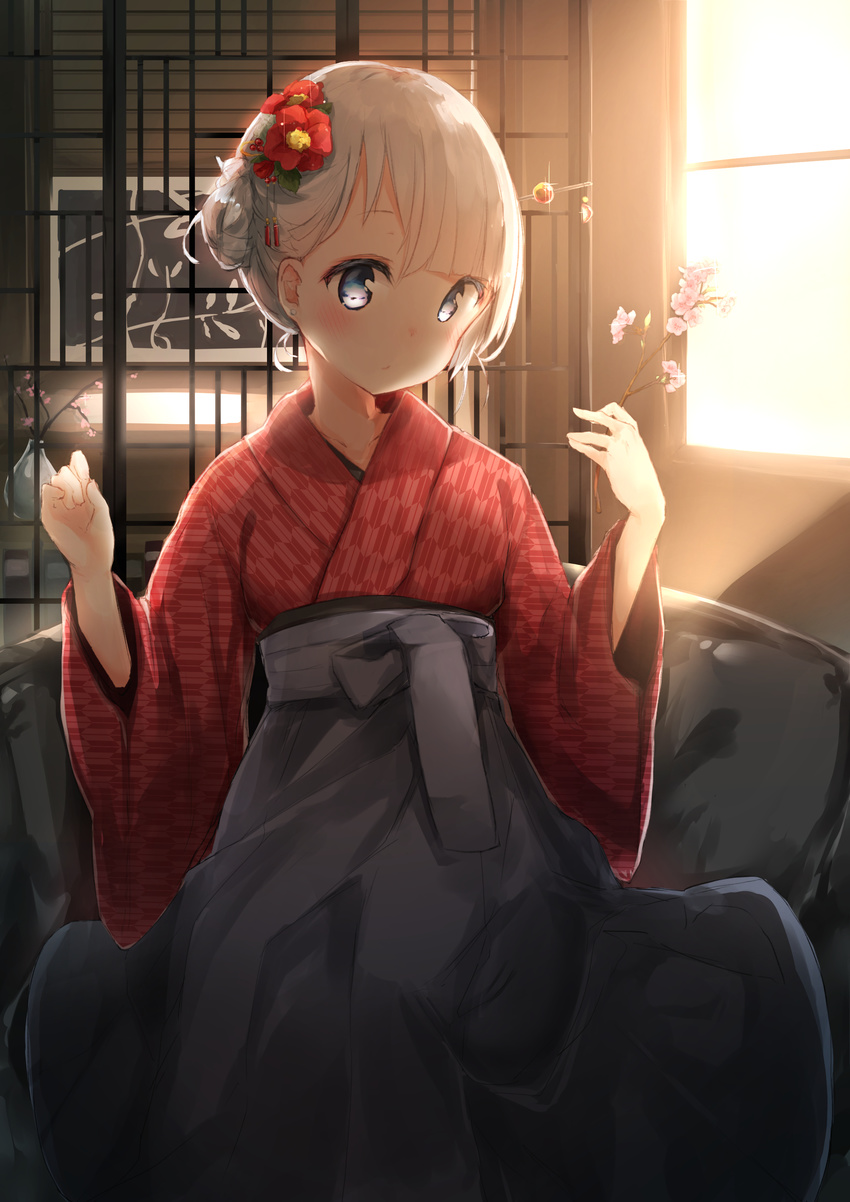 absurdres asymmetrical_bangs bangs blue_eyes camellia cherry_blossoms closed_mouth collarbone earrings expressionless flower grey_hakama hair_flower hair_ornament hair_stick hakama highres holding indoors japanese_clothes jewelry kimono lattice long_sleeves nosetissue original pink_flower red_flower red_kimono short_hair side_bun silver_eyes silver_hair solo stud_earrings sunlight twig w_arms wide_sleeves window yagasuri