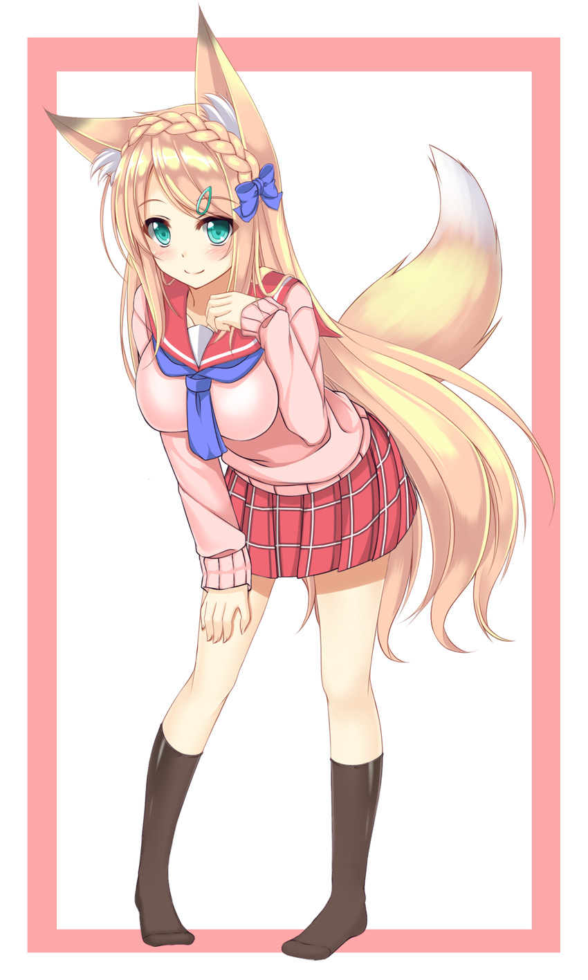 animal_ear_fluff animal_ears aqua_eyes bangs black_legwear blonde_hair blue_bow blush border bow braid breasts closed_mouth collarbone eyebrows_visible_through_hair fox_ears fox_girl fox_tail full_body green_eyes hair_bow hair_ornament hairclip highres kneehighs leaning_forward long_hair medium_breasts neckerchief no_shoes original outside_border pink_sweater plaid plaid_skirt pleated_skirt red_skirt revision school_uniform serafuku skirt smile sogaya solo standing sweater swept_bangs tail very_long_hair white_background