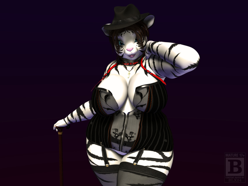 2017 3d_(artwork) anthro big_breasts black_fur blue_eyes blx24 breasts brown_hair cane cleavage clothed clothing corset digital_media_(artwork) feline female fur hair hat hi_res legwear lingerie lips looking_at_viewer mammal pink_lips pink_nose short_hair slightly_chubby smile solo standing stockings thick_thighs tiger white_fur wide_hips