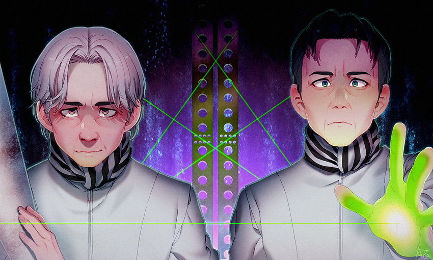 aqua_eyes bags_under_eyes bangs black_hair coat digital_dissolve dual_persona fingernails forehead hirasawa_susumu holding kiri_futoshi laser laser_beam light_frown male_focus multicolored multicolored_eyes multiple_boys old_man outstretched_arm outstretched_hand parted_bangs protected_link real_life red_eyes sanpaku scarf signature smirk steel_beam striped striped_scarf upper_body white_coat white_hair wig wrinkles zipper
