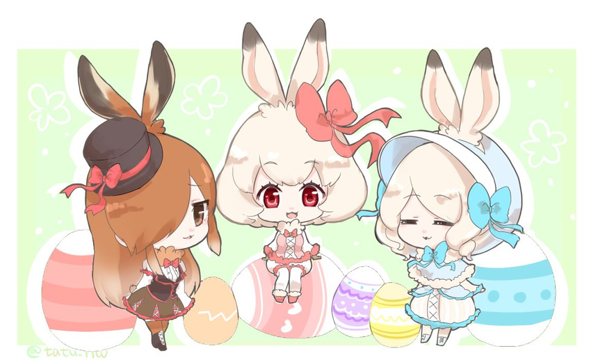 :3 =_= adapted_costume albino animal_ears aqua_bow aqua_footwear aqua_neckwear aqua_ribbon arctic_hare_(kemono_friends) arms_at_sides bangs big_head black_footwear black_hat blush bonnet boots border bow bowtie brown_eyes brown_gloves brown_hair brown_legwear bunny_ears bunny_girl bunny_tail buttons capelet chibi closed_eyes commentary_request cross-laced_clothes cross-laced_footwear dress easter easter_egg egg european_hare_(kemono_friends) eyebrows_visible_through_hair floral_background frilled_shirt frills full_body fur-trimmed_boots fur-trimmed_capelet fur-trimmed_shorts fur-trimmed_sleeves fur_collar fur_trim gloves gradient_hair green_background hair_ornament hair_over_one_eye hair_ribbon hat hat_ribbon heart heart_print horizontal_stripes jitome jpeg_artifacts juliet_sleeves kemono_friends knee_boots lace-up_boots light_brown_hair lolita_fashion long_hair long_sleeves looking_at_viewer mini_hat mini_top_hat minigirl mountain_hare_(kemono_friends) multicolored_hair multiple_girls neck_ribbon no_nose one_eye_covered open_mouth pantyhose pantyhose_under_shorts pastel_colors pink_bow pink_footwear pink_neckwear platinum_blonde_hair puffy_shorts puffy_sleeves red_eyes red_ribbon ribbon ringlets shiny shiny_skin shirt short_hair shorts sitting smile smug standing striped swept_bangs tail tareme tatsuno_newo thighhighs top_hat twitter_username two-tone_hair white_border white_legwear white_shirt white_shorts