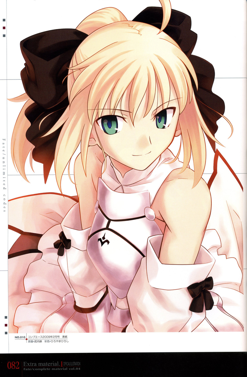absurdres ahoge artoria_pendragon_(all) bare_shoulders blonde_hair bow breastplate fate/unlimited_codes fate_(series) green_eyes hair_bow highres official_art saber saber_lily scan smile solo