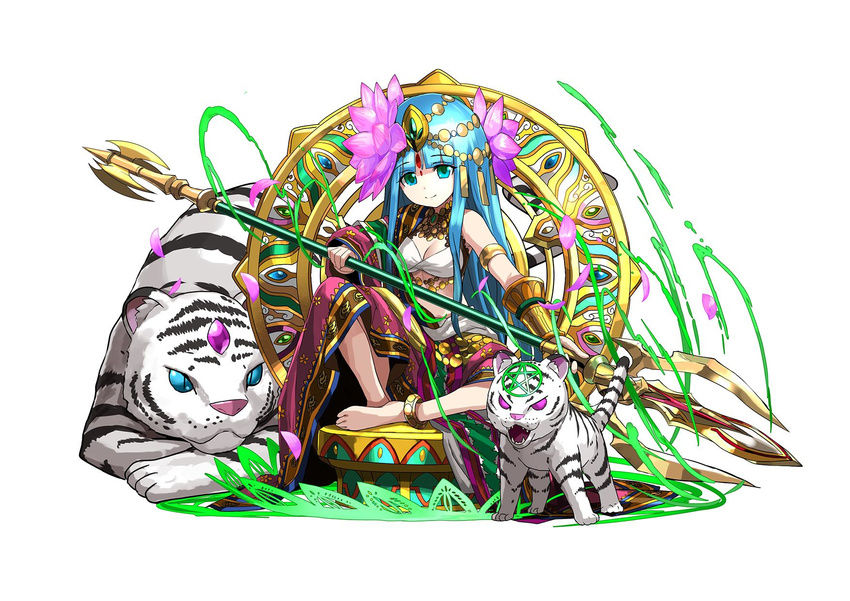 adachi_yousuke animal anklet barefoot blue_eyes blue_hair breasts cauchemar_(p&amp;d) cleavage cross_eyed facial_mark flower forehead_mark full_body hair_flower hair_ornament highres indian_style jewelry large_breasts long_hair lotus lotus_pedestal official_art parvati_(p&amp;d) polearm puzzle_&amp;_dragons sitting solo tiger weapon white_tiger