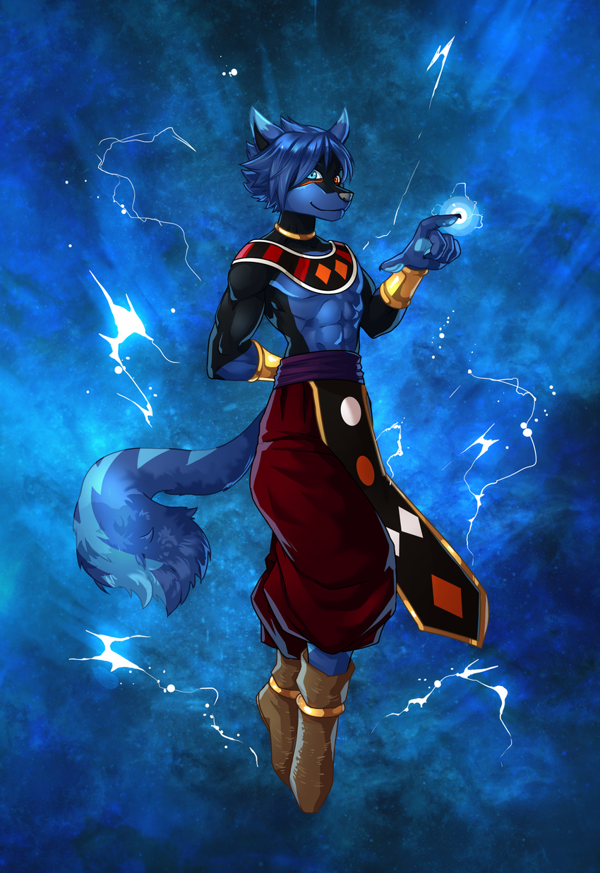 abs black_fur blue_eyes blue_fur canine clothed clothing digital_media_(artwork) digitigrade dragon_ball dragon_ball_super fox fred-h fur heterochromia hi_res jewelry lightning lightz_raela male mammal orange_eyes space