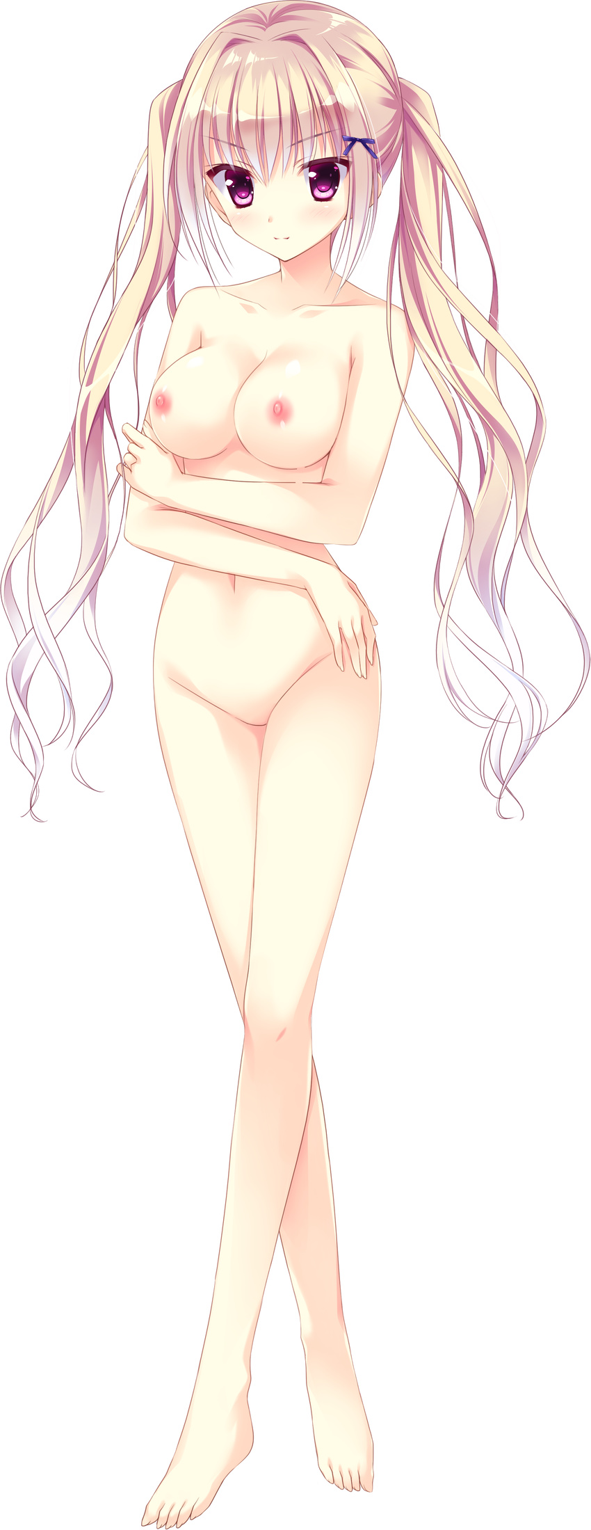 absurdres barefoot blonde_hair blush bow breasts collarbone full_body hair_bow highres hiiragi_mio kimishima_ao koi_suru_kimochi_no_kasanekata large_breasts long_hair nipples nude official_art pink_eyes smile solo transparent_background twintails