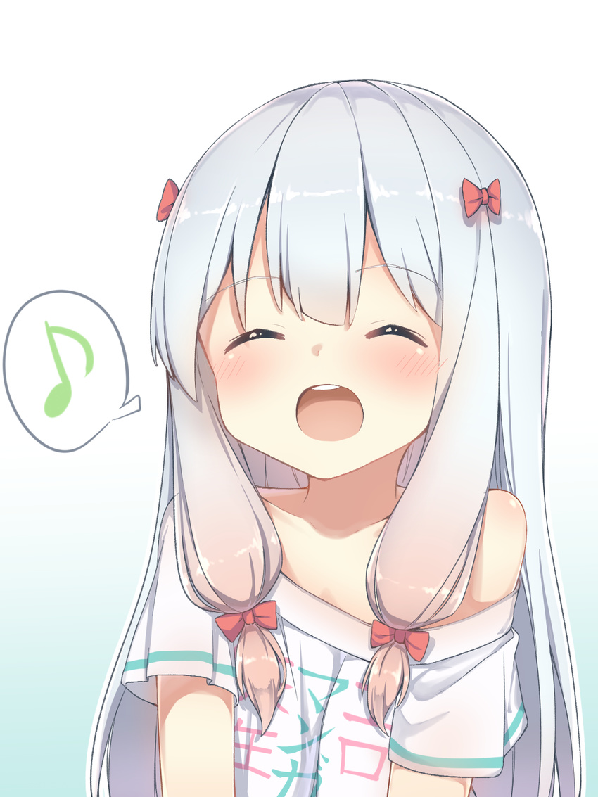 adrenaline!!! blush closed_eyes clothes_writing darnell eighth_note eromanga_sensei highres izumi_sagiri long_hair musical_note off_shoulder open_mouth outline shirt silver_hair smile solo speech_bubble spoken_musical_note t-shirt upper_body white_outline