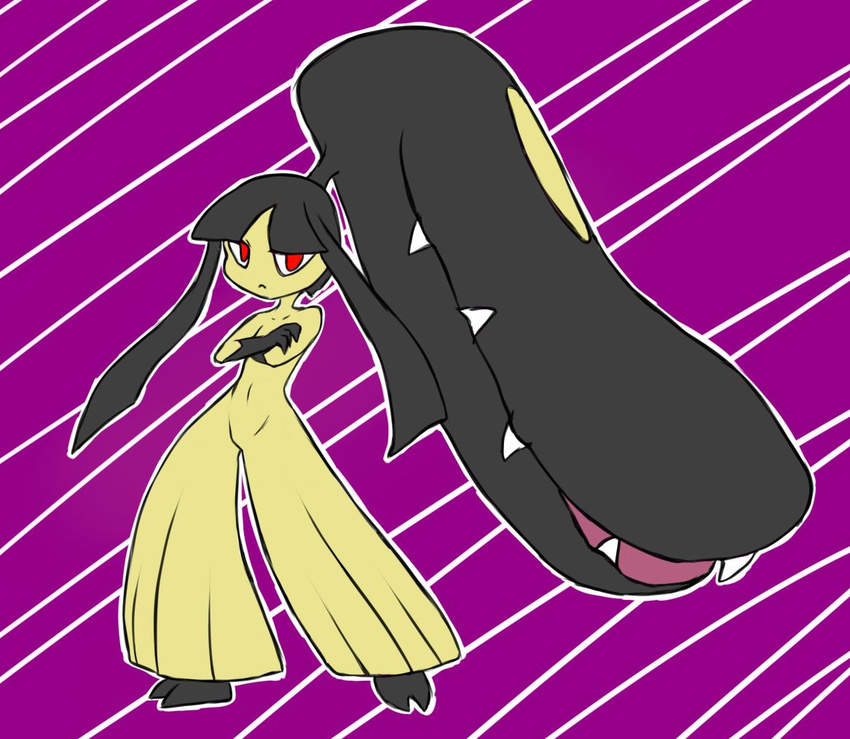 abstract_background ambiguous_gender crossed_arms digisushi hair long_hair looking_at_viewer mawile nintendo pok&eacute;mon red_eyes simple_background solo teeth video_games