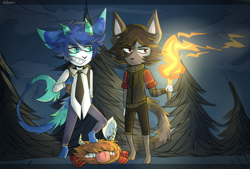 anthro clothed clothing duo feline fire forest fur hair hibarikatsuru horn male mammal outside smile standing tree