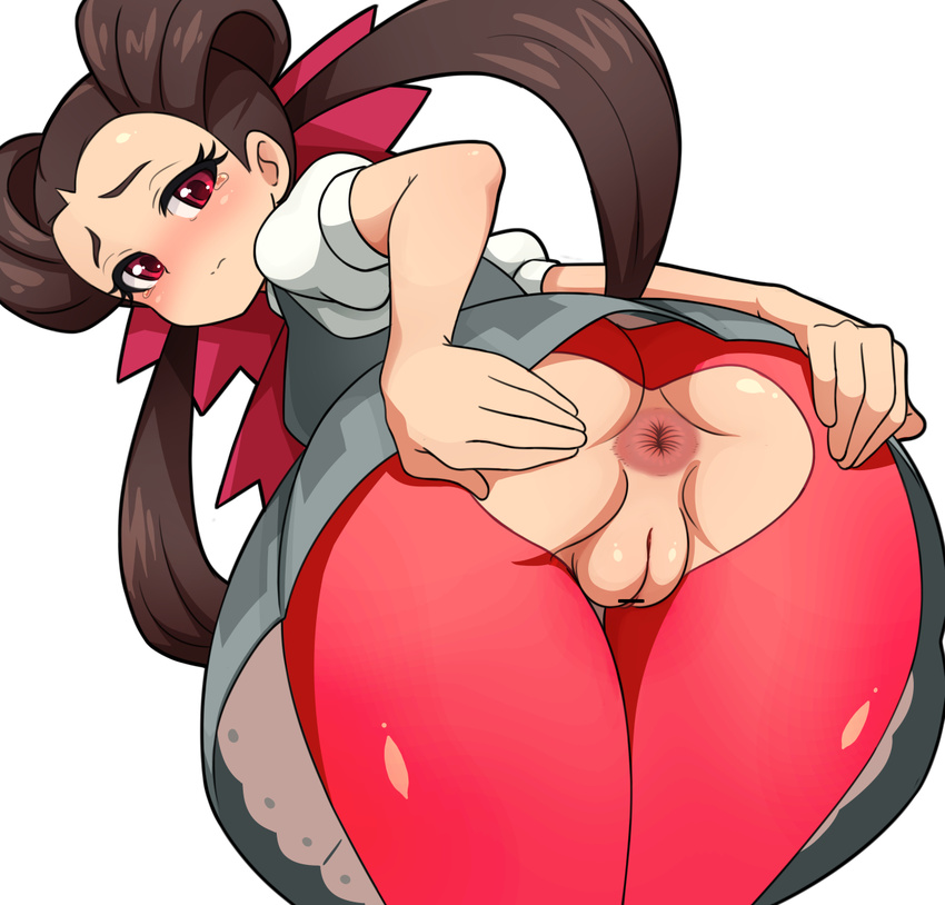3: anus arms_behind_back ass ass_cutout bar_censor bent_over blush brown_hair cellphone censored closed_mouth collared_shirt cravat crotch_cutout crying crying_with_eyes_open dress eyelashes forehead from_side grey_dress gym_leader hair_pulled_back hair_ribbon hair_rings hands_on_ass highres kerokero00frog leaning_forward legs_together long_hair looking_at_viewer looking_back pantyhose phone pink_eyes pink_legwear pink_ribbon pointless_censoring pokemon pokemon_(game) pokemon_oras presenting puffy_short_sleeves puffy_sleeves pussy ribbon shiny shiny_clothes shiny_skin shirt short_dress short_sleeves simple_background smartphone solo spread_ass standing suspenders tareme tears thigh_gap thighs torn_clothes torn_legwear tsutsuji_(pokemon) twintails undershirt white_background white_shirt
