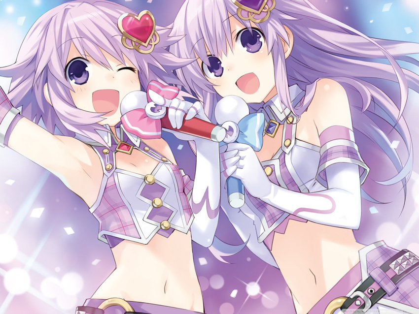 ;d artist_request bare_shoulders belt breasts collar elbow_gloves eyebrows_visible_through_hair gem gloves hair_between_eyes hair_ornament idol long_hair microphone midriff multiple_girls navel nepgear neptune_(choujigen_game_neptune) neptune_(series) one_eye_closed open_mouth purple_eyes purple_hair ribbon small_breasts smile source_request studs very_long_hair wallpaper