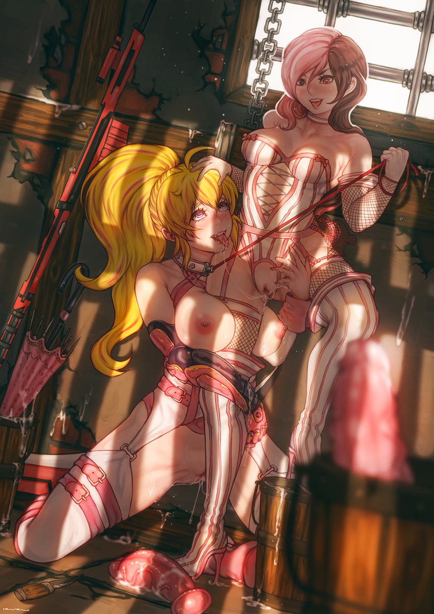 bdsm blonde_hair blurry blush bondage_outfit breasts brown_eyes brown_hair bucket collar crescent_rose depth_of_field dildo dominatrix femdom heterochromia high_heels highres knife kuon_(kwonchanji) large_breasts leash long_hair looking_at_another medium_breasts multicolored_hair multiple_girls neo_(rwby) nipple_piercing nipples piercing pink_eyes pink_hair prosthesis prosthetic_arm purple_eyes pussy rwby saliva saliva_trail tongue tongue_out two-tone_hair uncensored yang_xiao_long yuri