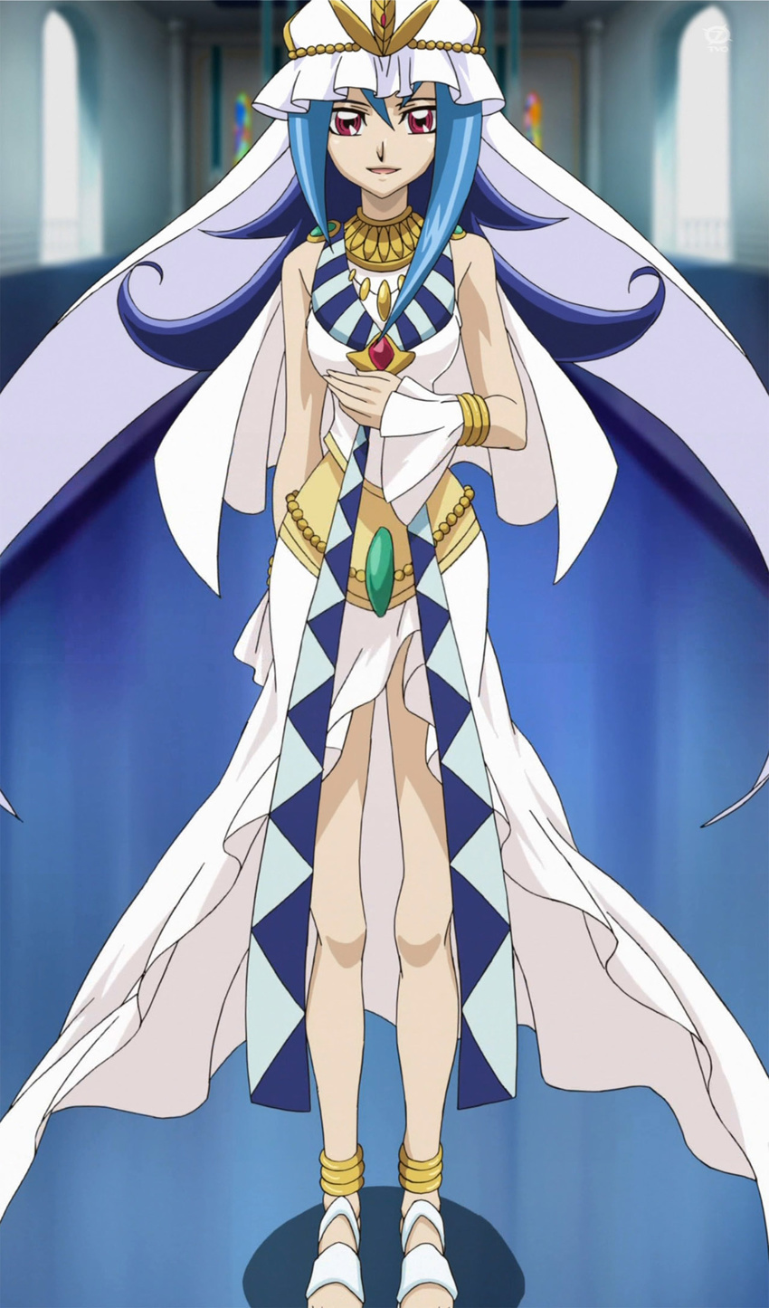 blue_hair dress full_body highres kamishiro_rio long_hair looking_at_viewer multicolored_hair red_eyes screencap smile tagme thighhighs yu-gi-oh! yuu-gi-ou_zexal