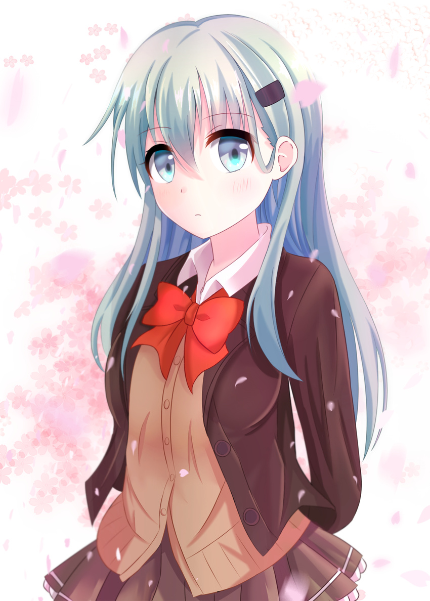 amasajithira aqua_eyes aqua_hair blouse brown_jacket brown_skirt brown_sweater buttons cardigan hair_ornament hairclip highres jacket kantai_collection long_hair long_sleeves neck_ribbon petals pleated_skirt red_ribbon remodel_(kantai_collection) ribbon school_uniform skirt solo suzuya_(kantai_collection) sweater sweater_jacket white_blouse