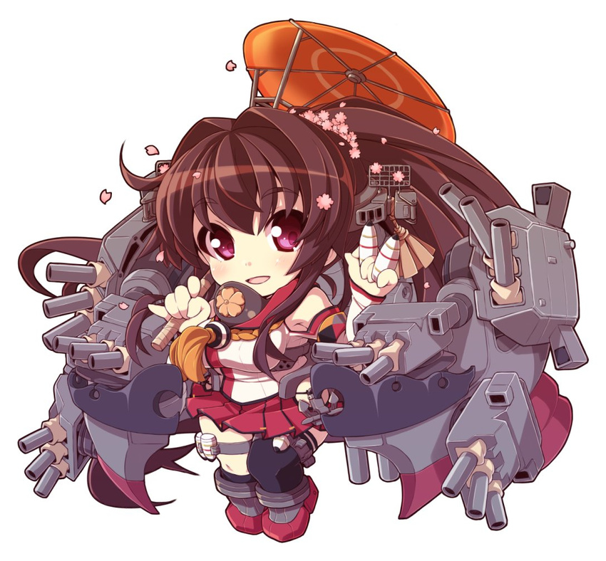 anchor asymmetrical_legwear breasts chibi collar detached_sleeves flower hair_flower hair_intakes hair_ornament hip_vent kantai_collection long_hair medium_breasts open_mouth pleated_skirt ponytail purple_eyes red_skirt red_umbrella rigging rikumaru simple_background skirt solo thighhighs turret type_91_armor-piercing_shell umbrella very_long_hair white_background yamato_(kantai_collection) z_flag