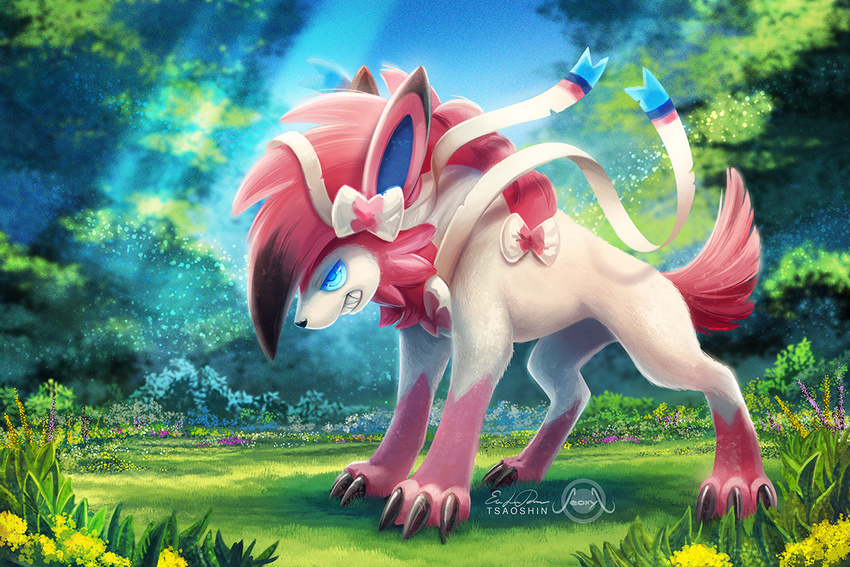 blue_eyes blue_sky blurry bow claws collaboration commentary day depth_of_field eric_proctor fighting_stance flower forest full_body fusion gen_6_pokemon gen_7_pokemon grass light_particles light_rays lycanroc nature no_humans open_mouth outdoors pokemon pokemon_(creature) ringed_eyes seoxys6 sharp_teeth signature sky standing sunbeam sunlight sylveon teeth tree