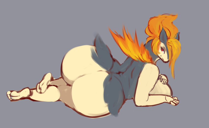 bangs big_breasts big_butt breasts butt feet female fire liveforthefunk looking_back lying nintendo pok&eacute;mon presenting presenting_hindquarters red_eyes simple_background smile typhlosion video_games wide_hips