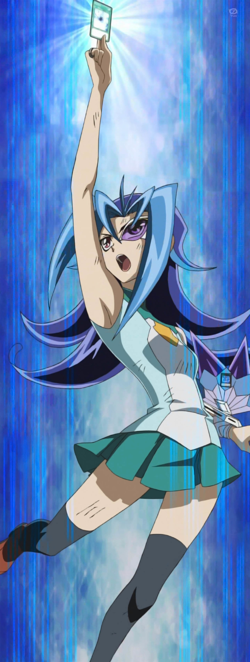 blue_hair duel_disk highres jumping kamishiro_rio long_hair multicolored_hair red_eyes screencap skirt tagme thighhighs uniform yu-gi-oh! yuu-gi-ou_zexal